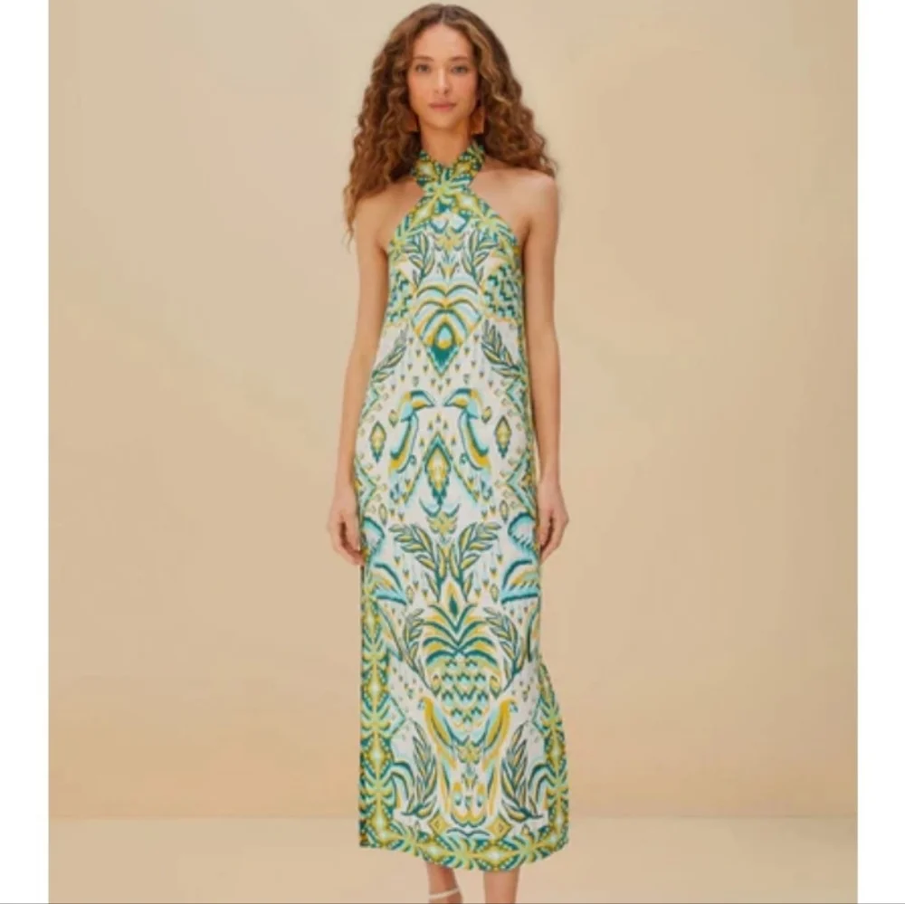 FARM RIO Blue/Greens & Cream Beads Tropical Tapestry Linen Halter Maxi Sundress - Picture 3 of 16